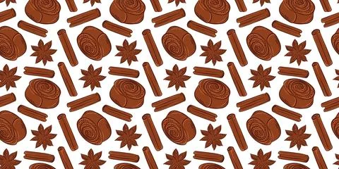 Seamless pattern with cinnamon roll, stick and star anise in flat style. Perfect Stock Illustration