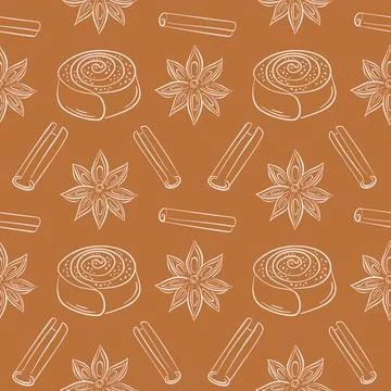 Seamless pattern with cinnamon roll, stick and star anise in line art style on a Stockillustratie