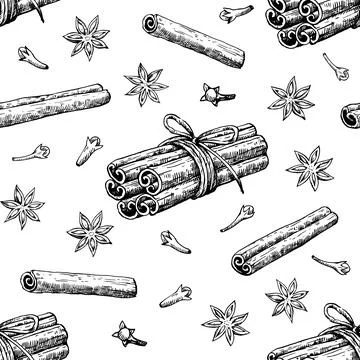Seamless pattern with cinnamon, star anise and clove. Hand-drawn vector ill.. Stock Illustration