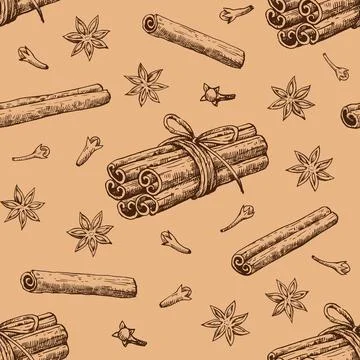 Seamless pattern with cinnamon, star anise and clove. Hand-drawn vector ill.. イラスト素材