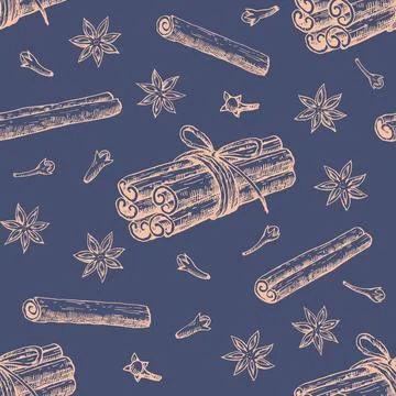 Seamless pattern with cinnamon, star anise and clove. Hand-drawn vector ill.. 스톡 일러스트