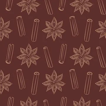 Seamless pattern with cinnamon stick and star anise drawn in line art style on a Stock Illustration