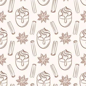 Seamless pattern with cinnamon stick star anise and latte cup topped with cream Stock Illustration