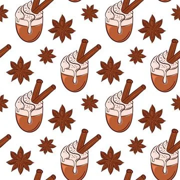 Seamless pattern with cinnamon stick, star anise and latte cup topped with cream Stock Illustration