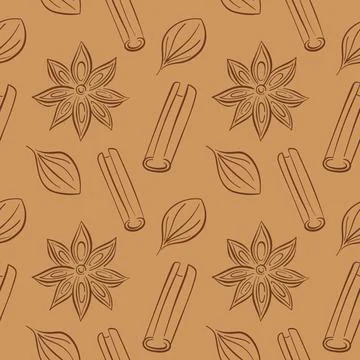 Seamless pattern with cinnamon stick, star anise and leaf drawn in simple line Stock Illustration