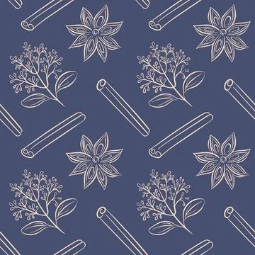 Seamless pattern with cinnamon stick, star anise and branch drawn in line art Stock Illustration