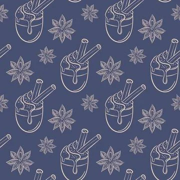 Seamless pattern with cinnamon stick, star anise and coffee cup topped with Stock Illustration