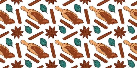 Seamless pattern with cinnamon stick, star anise, wooden scoop with ground spice Stock Illustration