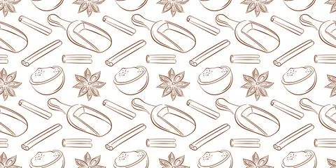 Seamless pattern with cinnamon stick, star anise, wooden scoop and bowl filled Stock Illustration