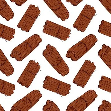 Seamless pattern of cinnamon stick tied in bundle on a white background in flat Stock Illustration