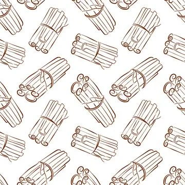 Seamless pattern of cinnamon stick tied in bundle on a white background in line Stock Illustration
