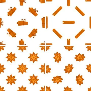 Seamless pattern with cinnamon sticks and star anise spices on white background Illustrazione stock