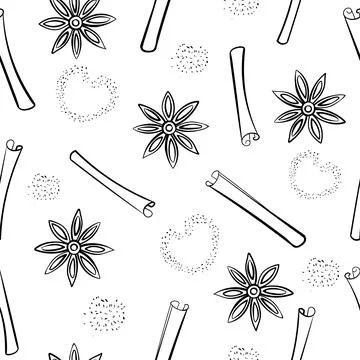 Seamless pattern of cinnamon sticks, star anise and cinnamon powder. Black .. Illustrazione stock