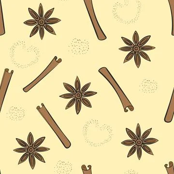Seamless pattern of cinnamon sticks, star anise and cinnamon powder. Doodle.. Stock Illustration