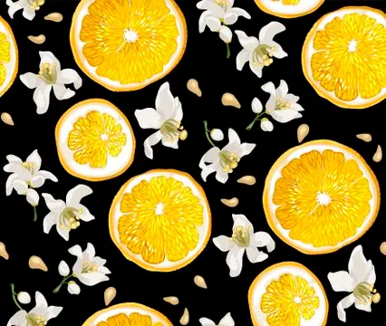 Seamless pattern with circle slices of citrus fruit, seeds and blooming flowe Stock Illustration