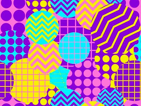 Seamless pattern with circles 1980s style. Retrowave. Geometric elements memp Stock Illustration