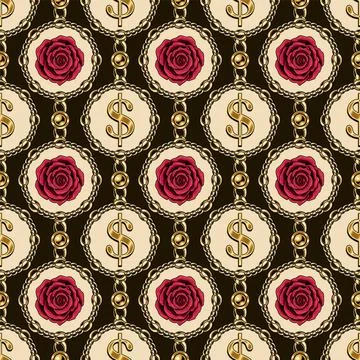 Seamless pattern with circles with crimson roses, golden dollar sign Stock Illustration