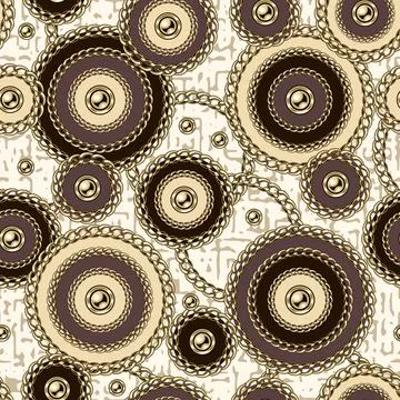 Seamless pattern with circles with gold chains, beads. Stock Illustration