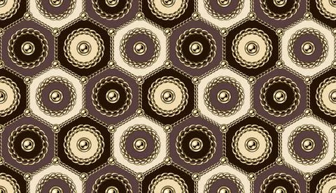 Seamless pattern with circles with gold chains, beads in hexagonal grid. Stock Illustration