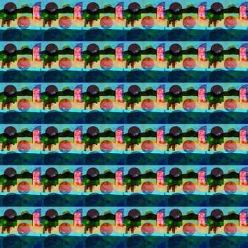 Seamless pattern with circles, trees, windows, beach Stock Illustration