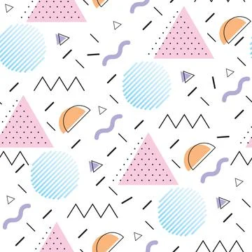 Seamless pattern with circles, zigzag and triangle shapes, Memphis style. Stock Illustration
