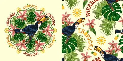 Seamless pattern, circular ornament with toucan Stock Illustration