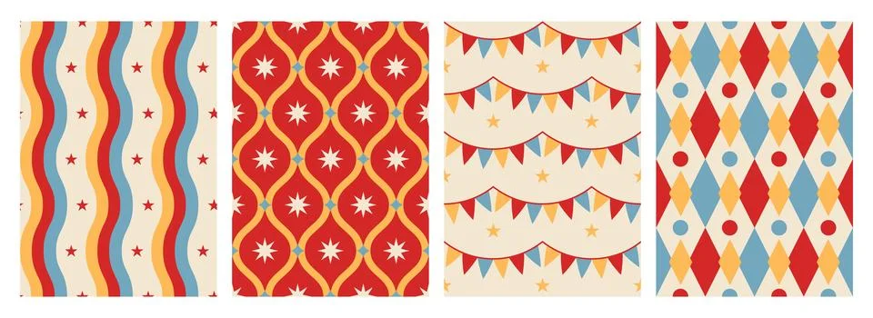 Seamless pattern for circus and carnaval, flat style. Retro and vintage. Stock Illustration