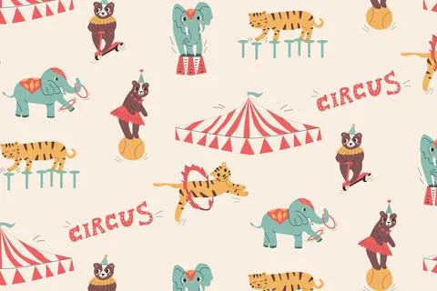 Seamless pattern with circus animals and tent Illustrazione stock