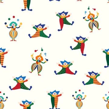 Seamless pattern with a CIRCUS theme. Circus clown character. Flat cartoon st Stock Illustration