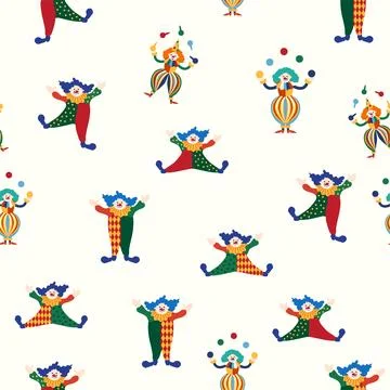 Seamless pattern with a CIRCUS theme. Circus clown character. Flat cartoon st Stock Illustration