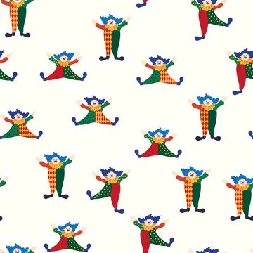 Seamless pattern with a CIRCUS theme. Circus clown character. Flat cartoon st Stock Illustration