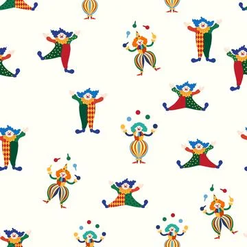 Seamless pattern with a CIRCUS theme. Circus clown character. Flat cartoon st Stock Illustration