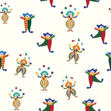 Seamless pattern with a CIRCUS theme. Circus clown character. Flat cartoon st Stock Illustration