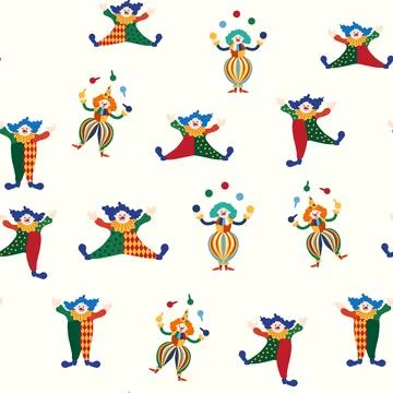 Seamless pattern with a CIRCUS theme. Circus clown character. Flat cartoon st Illustrazione stock