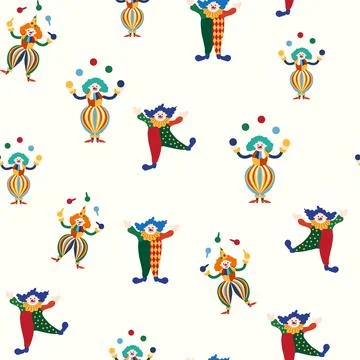 Seamless pattern with a CIRCUS theme. Circus clown character. Flat cartoon st Stock Illustration