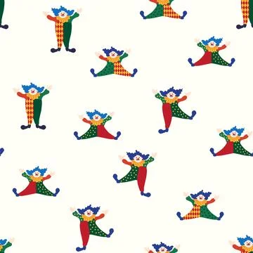 Seamless pattern with a CIRCUS theme. Circus clown character. Flat cartoon st Stock Illustration