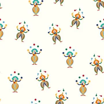 Seamless pattern with a CIRCUS theme. Circus clown character. Flat cartoon st Stock Illustration