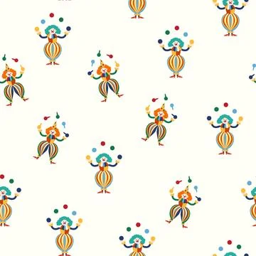 Seamless pattern with a CIRCUS theme. Circus clown character. Flat cartoon st Stock Illustration