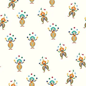 Seamless pattern with a CIRCUS theme. Circus clown character. Flat cartoon st 스톡 일러스트