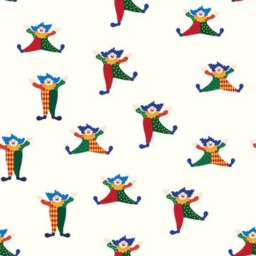 Seamless pattern with a CIRCUS theme. Circus clown character. Flat cartoon st Stock Illustration