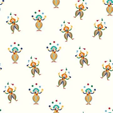 Seamless pattern with a CIRCUS theme. Circus clown character. Flat cartoon st Illustrazione stock