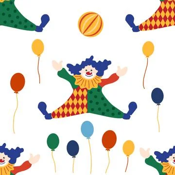 Seamless pattern with a CIRCUS theme. Circus clown character. Flat cartoon st Stock Illustration