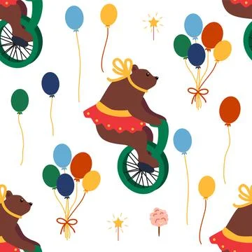 A seamless pattern with a CIRCUS theme. A circus bear character on a bicycle. イラスト素材