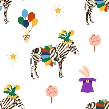 Seamless pattern with a CIRCUS theme. Circus zebra characters. Flat cartoon s Stock Illustration