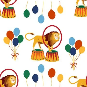 Seamless pattern with a CIRCUS theme. Circus lion character. Flat cartoon s.. Stock Illustration