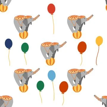 Seamless pattern with a CIRCUS theme. Circus characters, including an elephan Stock Illustration