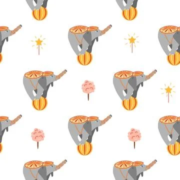 Seamless pattern with a CIRCUS theme. Circus characters, including an elephan Stock Illustration