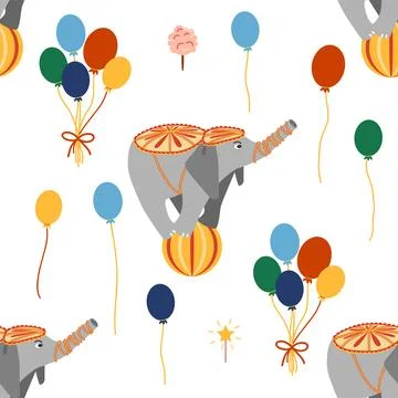 Seamless pattern with a CIRCUS theme. Circus characters, including an elephan Stock Illustration