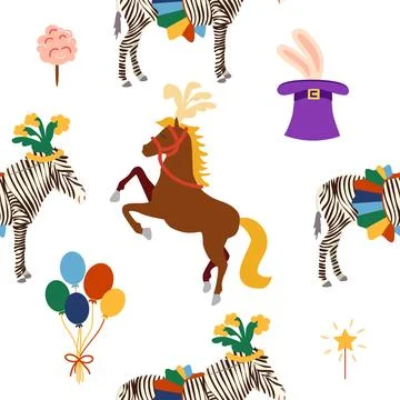 Seamless pattern with a CIRCUS theme. Circus zebra characters. Flat cartoon s Stock Illustration