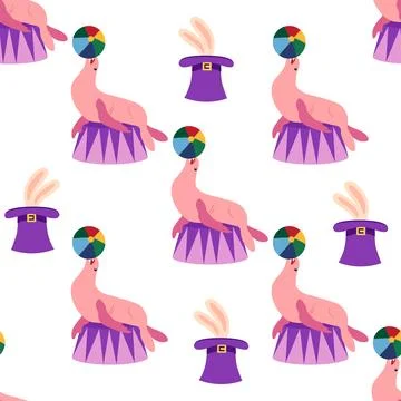 Seamless pattern with a CIRCUS theme. Circus characters, including a seal. Fl Illustrazione stock